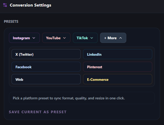 Social media presets preview